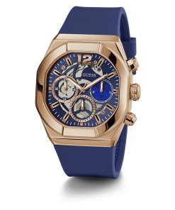 GUESS Mens Blue Rose Gold Tone Multi-function Watch