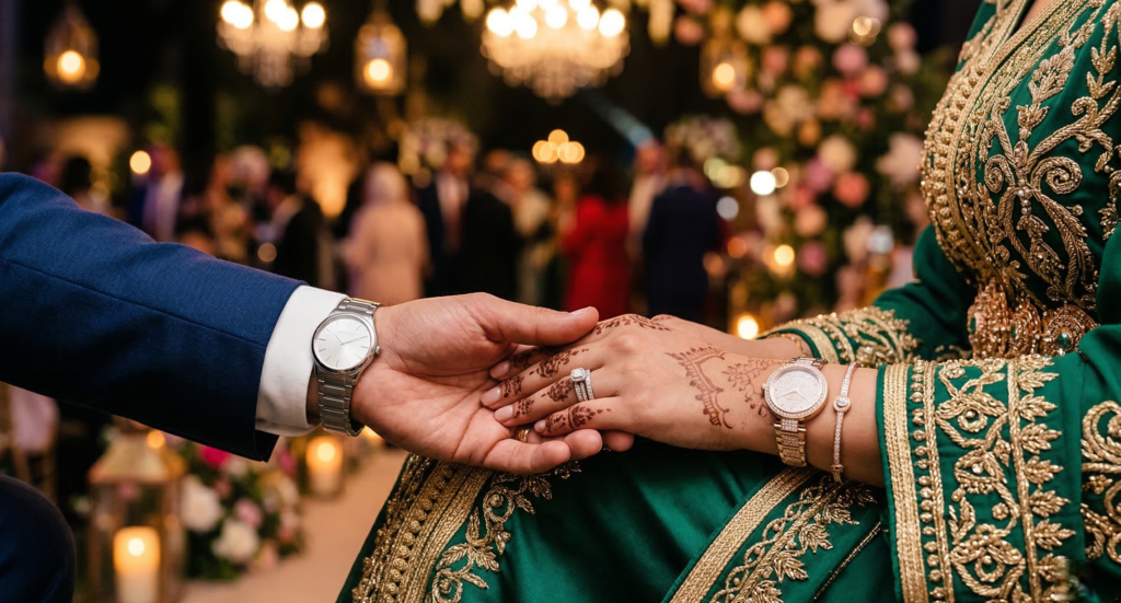 Montre mariage homme femme cadran or rose avec cristaux scintillants pour le dfou3 au Maroc.