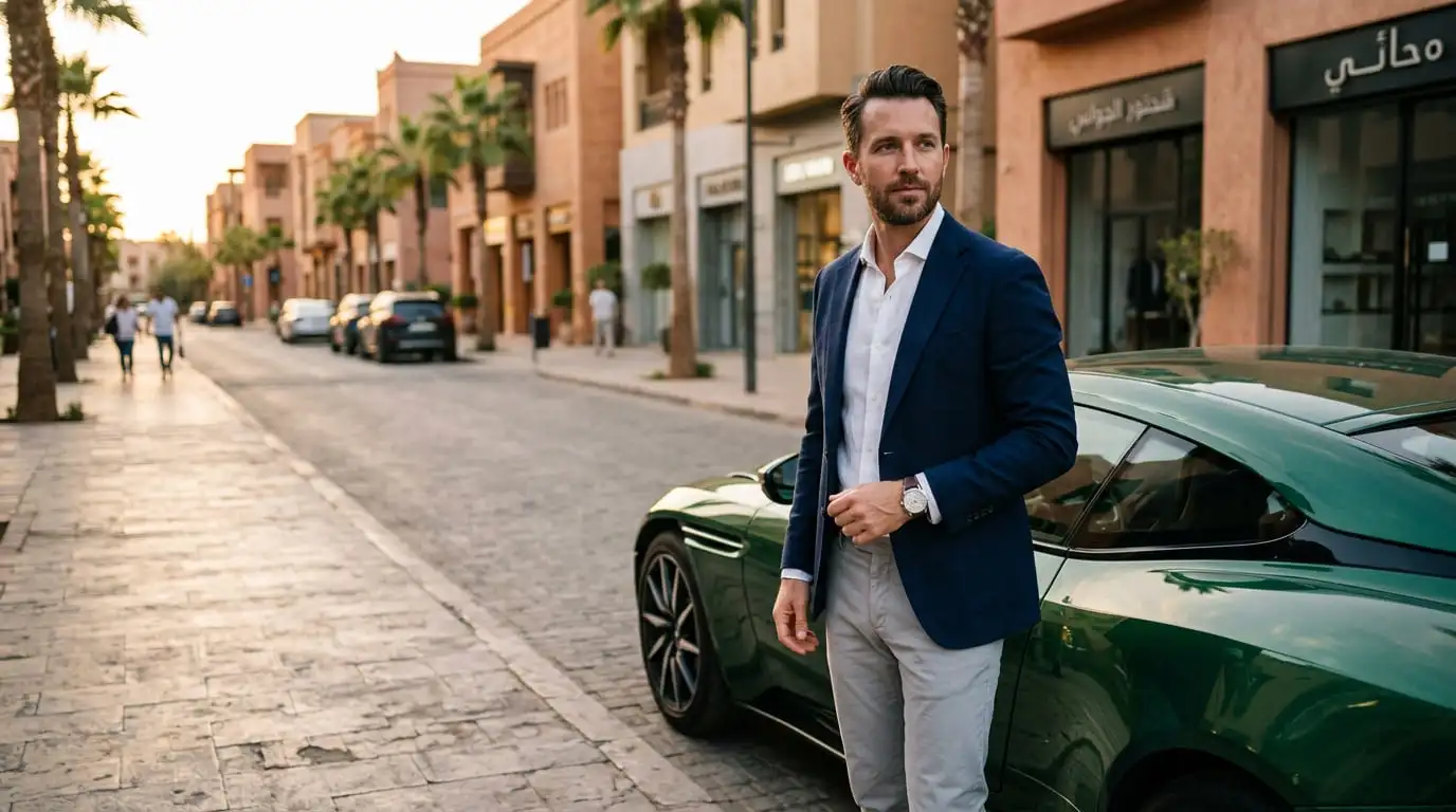 Homme élégant avec montre premium et voiture de luxe au Maroc