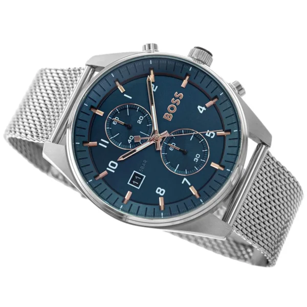 Montre homme Boss Skytraveller 1514149 44 mm en acier inoxydable avec cadran bleu et chronographe