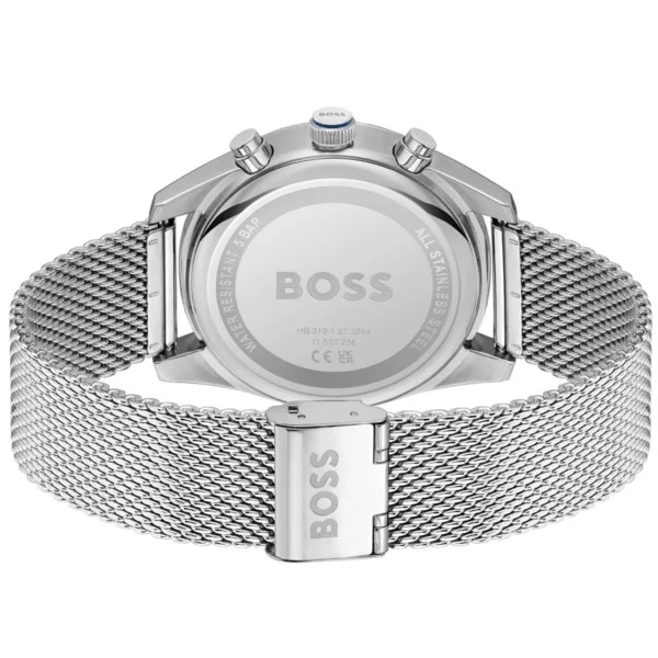 Montre homme Boss Skytraveller 1514149 44 mm en acier inoxydable avec cadran bleu et chronographe