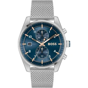 boss-skytraveller-1514149-homme-cadran-bleu-acier-face.webp Montre homme Boss Skytraveller 1514149 44 mm en acier inoxydable avec cadran bleu et chronographe