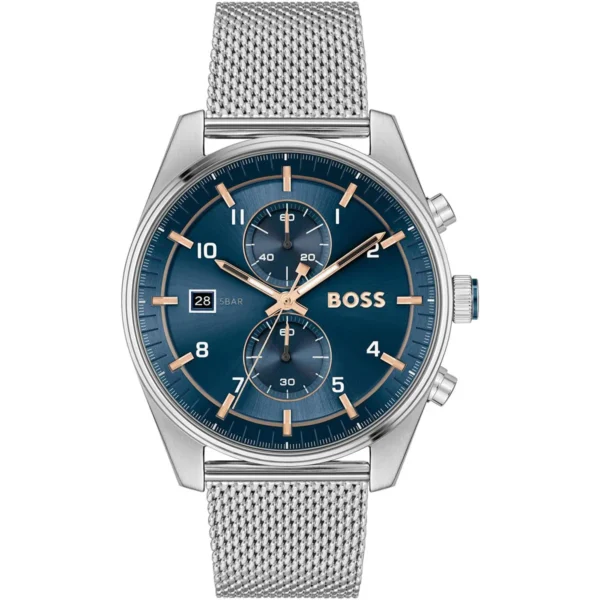 Montre homme Boss Skytraveller 1514149 44 mm en acier inoxydable avec cadran bleu et chronographe