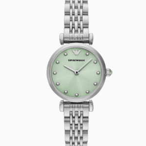 emporio-armani-ar11667-vert-acier-face-pour-femme-au-maroc.png Montre femme Emporio Armani AR11667 en acier inoxydable avec cadran vert clair et bracelet argenté