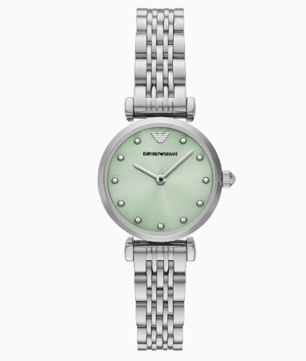 Montre femme Emporio Armani AR11667 en acier inoxydable avec cadran vert clair et bracelet argenté