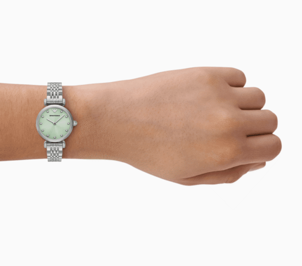 Montre femme Emporio Armani AR11667 en acier inoxydable avec cadran vert clair et bracelet argenté