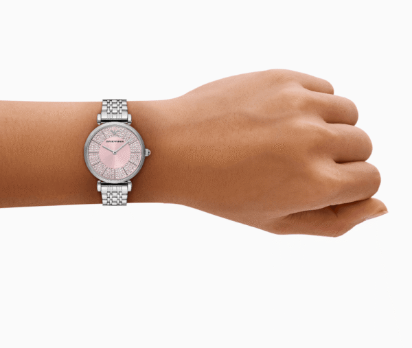 Montre femme Emporio Armani AR11686 en acier inoxydable avec cadran rose et bracelet argenté