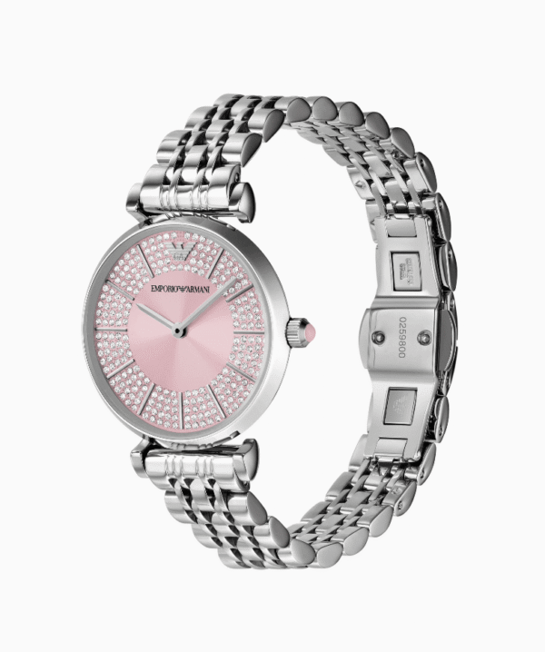 Montre femme Emporio Armani AR11686 en acier inoxydable avec cadran rose et bracelet argenté