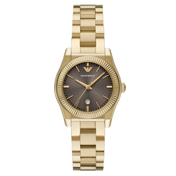 emporio-armani-ar11700-montre-femme-cadran-brun-bracelet-dore-face.webp EMPORIO ARMANI Federica AR11700 Montre Femme Dorée Cadran Brun