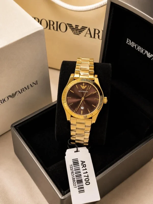 emporio-armani-ar11700-montre-femme-dans-sa-boite.webp EMPORIO ARMANI Federica AR11700 Montre Femme Dorée Cadran Brun