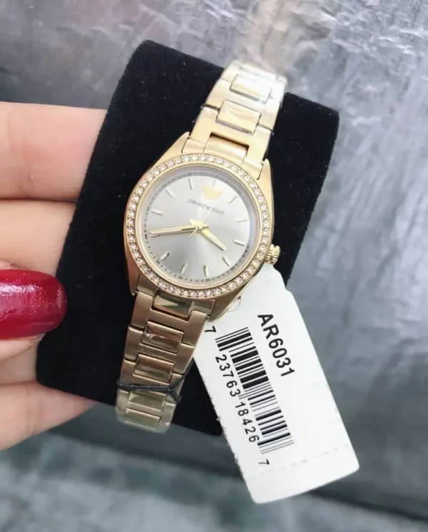 EMPORIO ARMANI Tazio Small AR6031 Montre Femme Dorée Cadran Gris Cristaux
