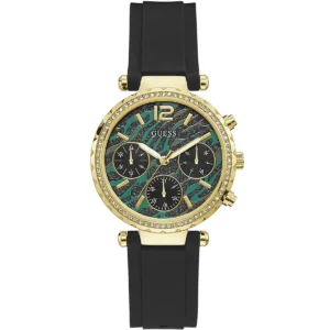 Guess GW0113L1 Solstice montre femme dorée avec cadran vert et bracelet silicone noir