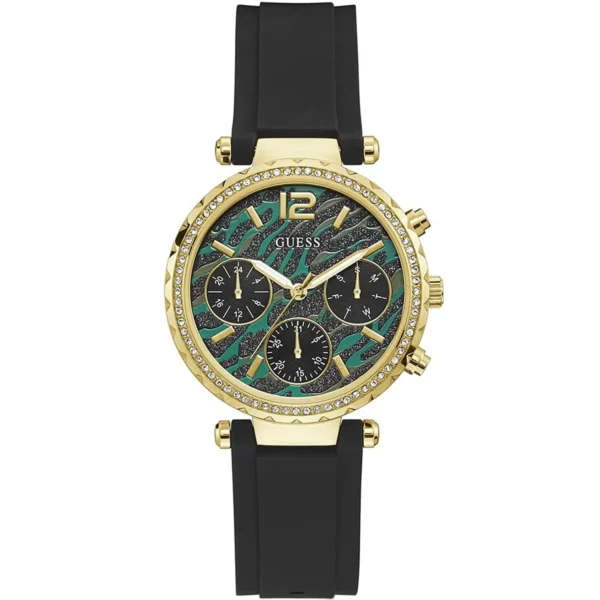 guess-gw0113l1-solstice-montre-femme-cadran-vert-dore-au-maroc.webp Guess GW0113L1 Solstice montre femme dorée avec cadran vert et bracelet silicone noir