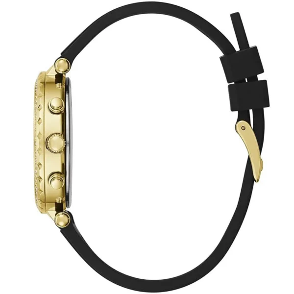 guess-gw0113l1-solstice-profil-boitier-dore-femme-au-maroc.webp Guess GW0113L1 Solstice montre femme dorée avec cadran vert et bracelet silicone noir