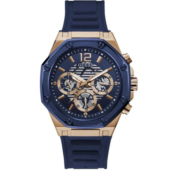 Guess GW0263G2 Momentum montre homme dorée rose avec cadran bleu et bracelet silicone bleu