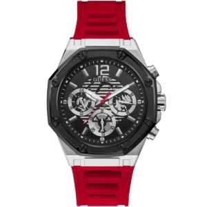 guess-gw0263g3-montre-homme-cadran-noir-bracelet-rouge-face.webp GUESS Momentum GW0263G3 Montre Homme Chronographe Rouge