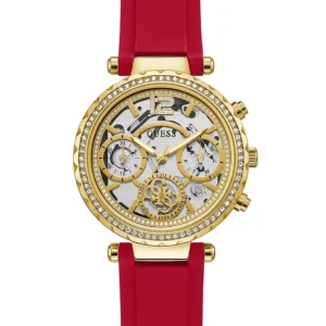 Guess GW0484L1 Solstice montre femme dorée avec cadran transparent et bracelet rouge