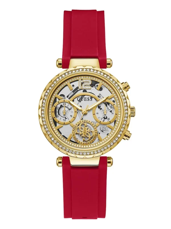 Guess GW0484L1 Solstice montre femme dorée avec cadran transparent et bracelet rouge