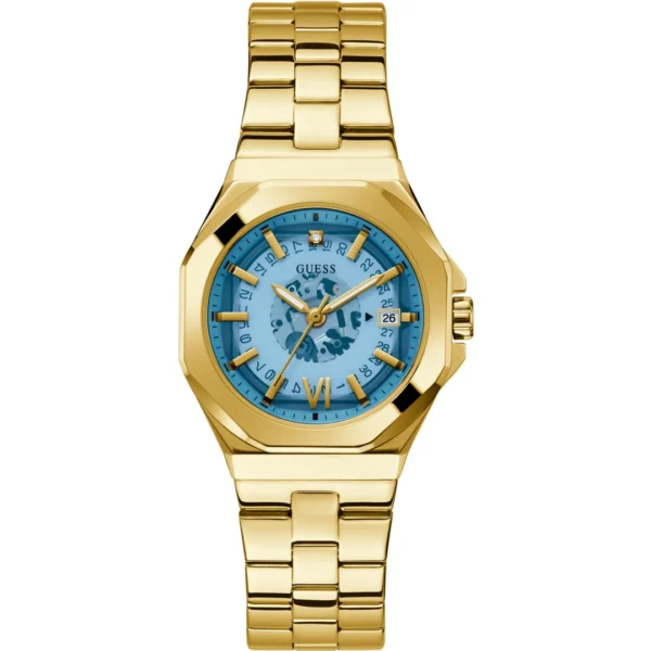 guess-gw0551l2-empress-femme-cadran-bleu-bracelet-dore-face.webp Montre femme Guess Empress GW0551L2 en acier doré avec cadran bleu translucide et date