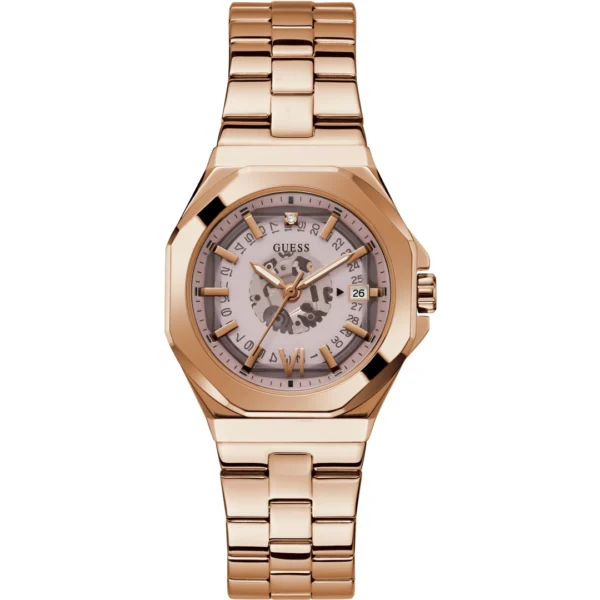 guess-gw0551l3-empress-femme-cadran-rose-bracelet-rose-gold-face.webp Montre femme Guess Empress GW0551L3 en acier rose gold avec cadran rose et date