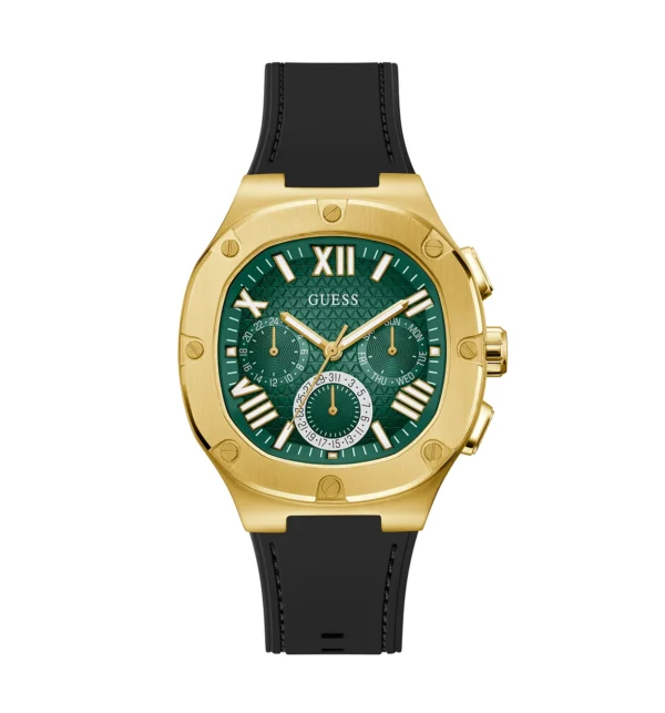 Guess GW0571G3 Headline montre homme en acier doré avec cadran vert et bracelet silicone noir