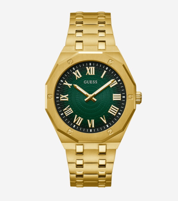 guess-gw0575g2-homme-cadran-vert-bracelet-dore-face.png Montre homme Guess Asset GW0575G2 en acier doré avec cadran vert et bracelet doré