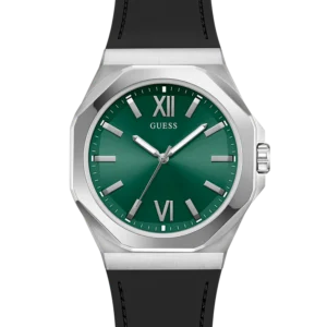 guess-gw0850g1-emperor-homme-cadran-vert-bracelet-noir-face.webp Montre homme Guess Emperor GW0850G1 en acier argenté avec cadran vert et bracelet silicone noir