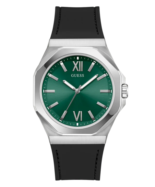 guess-gw0850g1-emperor-homme-cadran-vert-bracelet-noir-face.webp Montre homme Guess Emperor GW0850G1 en acier argenté avec cadran vert et bracelet silicone noir