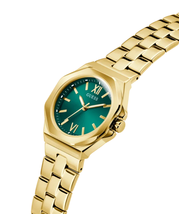 guess-gw0873l2-femme-cadran-vert-acier-dore-bracelet-detail.webp Montre femme GUESS GW0873L2 Empress en acier inoxydable doré avec cadran vert