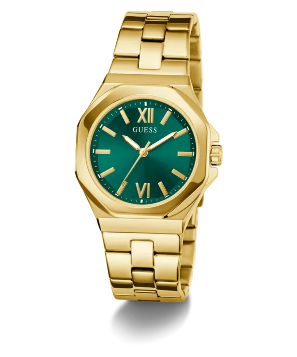 guess-gw0873l2-femme-cadran-vert-acier-dore-cadran-detail.webp Montre femme GUESS GW0873L2 Empress en acier inoxydable doré avec cadran vert