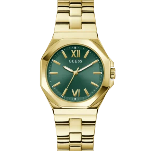 guess-gw0873l2-femme-cadran-vert-acier-dore-face.webp Montre femme GUESS GW0873L2 Empress en acier inoxydable doré avec cadran vert