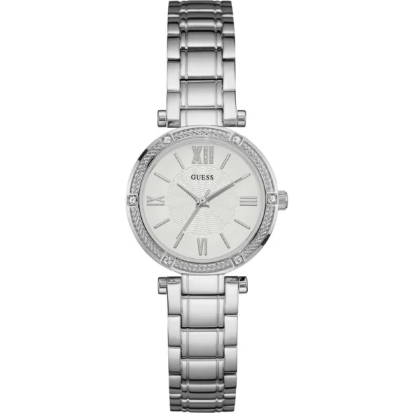 guess-w0767l1-montre-femme-cadran-blanc-bracelet-argent-face.webp GUESS Park Ave South W0767L1 Montre Femme Argentée