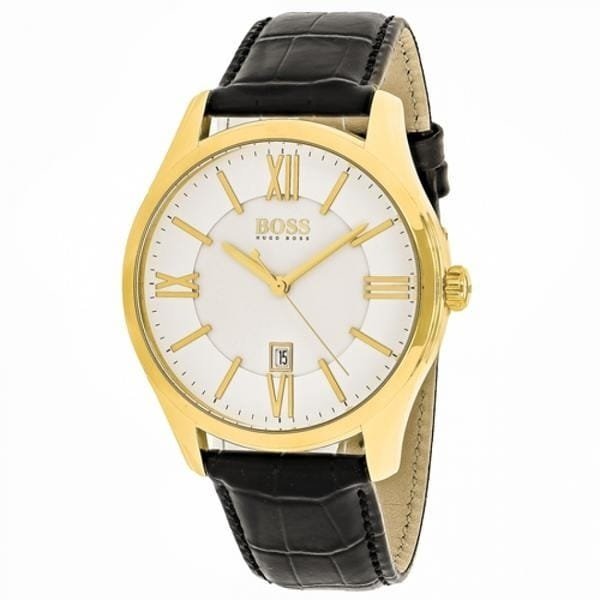 Montre Homme Hugo Boss 1513020 Ambassador – Cadran Blanc & Bracelet Cuir Croco Noir 43 mm