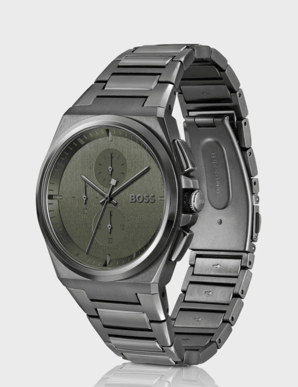 hugo-boss-1514045-bracelet-integre-acier-gris.png Montre Homme Hugo Boss Steer 1514045 : Chrono Gris Gunmetal & Vert Olive