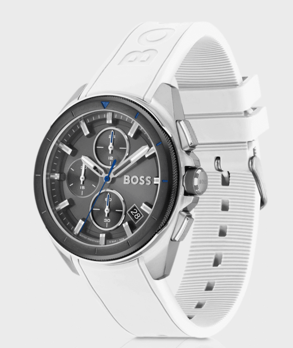 hugo-boss-volane-1513948-chronographe-blanc-profile.png Montre Hugo Boss Volane 1513948 – Chronographe Homme Cadran Gris & Bracelet Silicone Blanc