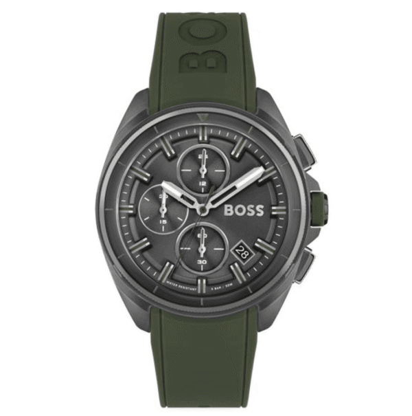 hugo-boss-volane-1513952-grey-dial-green-rubber-front.png Montre Hugo Boss Volane 1513952– Chronographe Cadran Gris & Silicone Kaki