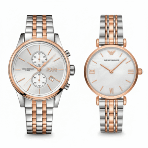 idee-cadeau-couple-luxe-bicolore-hugo-boss-armani-nacre-maroc.png Idée Cadeau Couple Luxe Bicolore : Duo Hugo Boss Jet & Armani Nacre (Argent et Or Rose)