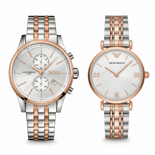 idee-cadeau-couple-luxe-bicolore-hugo-boss-armani-nacre-maroc.png Idée Cadeau Couple Luxe Bicolore : Duo Hugo Boss Jet & Armani Nacre (Argent et Or Rose)