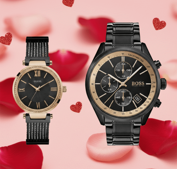 idee-cadeau-saint-valentin-couple-2026-montres-luxe-maroc.png Idée Cadeau Saint Valentin 2026 : Le Coffret Couple Luxe "Black & Gold"