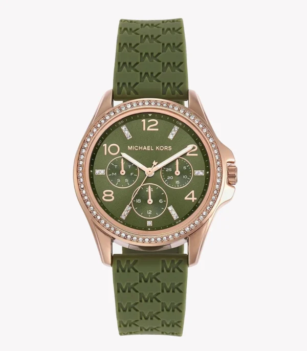michael-kors-mk7421-mini-pilot-cadran-vert-bracelet-silicone-1.webp Michael Kors MK7421 Mini Pilot – Montre Femme Verte et Rose Gold