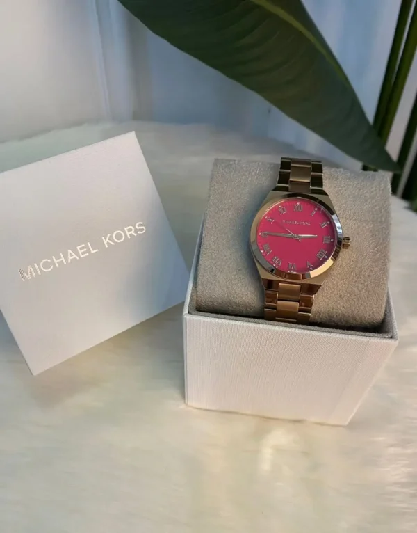 Michael Kors MK7462 Lennox en acier inoxydable ton or rose avec cadran rose vif