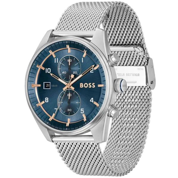 Montre homme Boss Skytraveller 1514149 44 mm en acier inoxydable avec cadran bleu et chronographe