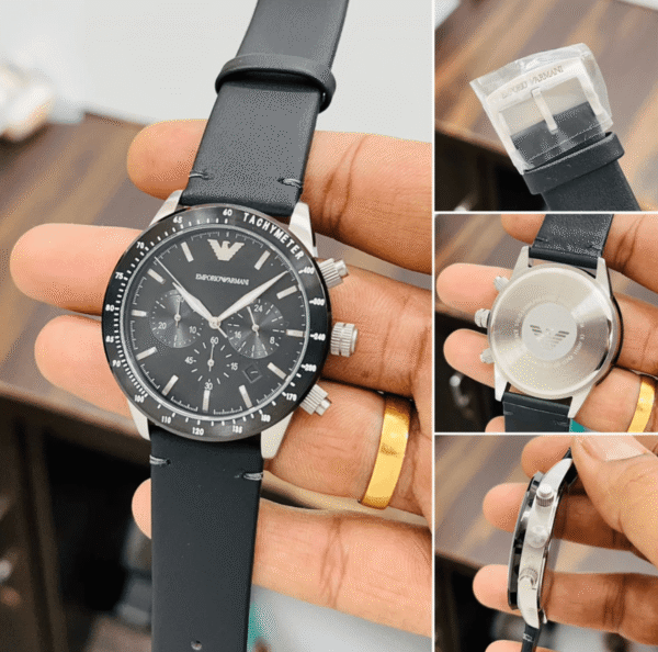 montre-emporio-armani-ar11243-collage-details.png Montre Emporio Armani Mario AR11243 Homme — Chronographe Noir Cuir