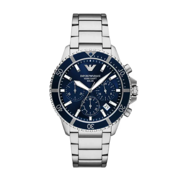 Montre Homme Emporio Armani AR11681 World Explorer Chronographe Solaire 43,5 mm Cadran Bleu Soleillé & Bracelet Acier