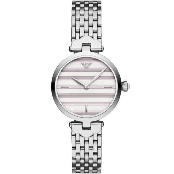 Montre Femme Emporio Armani Arianna AR11195 – Cadran Blanc Rayé Violet, Boîtier 32 mm, Bracelet Acier Argenté