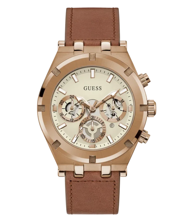 Montre Guess GW0262G3 Homme — Boîtier Acier 44 mm, Cadran Blanc Cassé & Bracelet Cuir Marron
