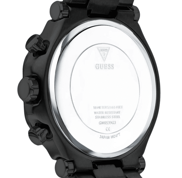 montre-guess-gw0539g3-maroc-dos-boitier-acier-gravure-guess.png Guess Edge GW0539G3 – Chronographe Octogonal Noir Total Homme (GW0539G3)