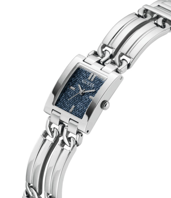 montre-guess-gw0807l1-bracelet-chaine.png Montre Femme GUESS GW0807L1 : Boîtier Rectangulaire Argenté et Cadran Denim Bleu
