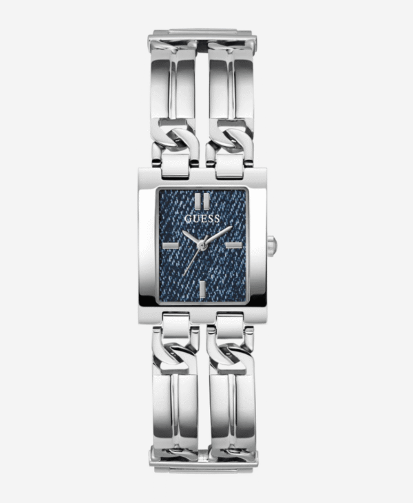 montre-guess-gw0807l1-face.png Montre Femme GUESS GW0807L1 : Boîtier Rectangulaire Argenté et Cadran Denim Bleu