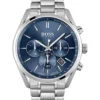 Hugo Boss 1513818 – vue de face (guide) Hugo Boss 1513818 Champion en gros plan de face : cadran bleu, trois sous-cadrans, date et bracelet argenté